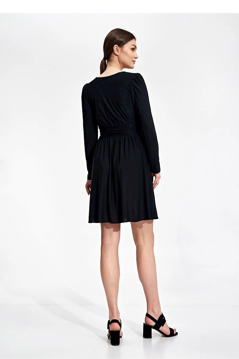 Robe de jour élégante évasée genou manches longues décolleté bateau ceinture boutons sans doublure polyester élasthanne femme