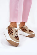 Chaussures de sport pour femmes style moderne motif léopard cuir suédé beige semelle compensée confortable