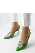 escarpins femme vert vif satinée simili cuir suédé talon aiguille douze centimètres bout pointu bride arrière boucle cristaux