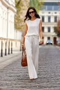 Pantalon femme élégant décontracté large blanc viscose coton haut sans manches ensemble chic occasionnel
