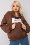 Sweatshirt à capuche pour femme design moderne décontracté marron avec inscription LOVE EVERYTHING coton polyester manches longues ample