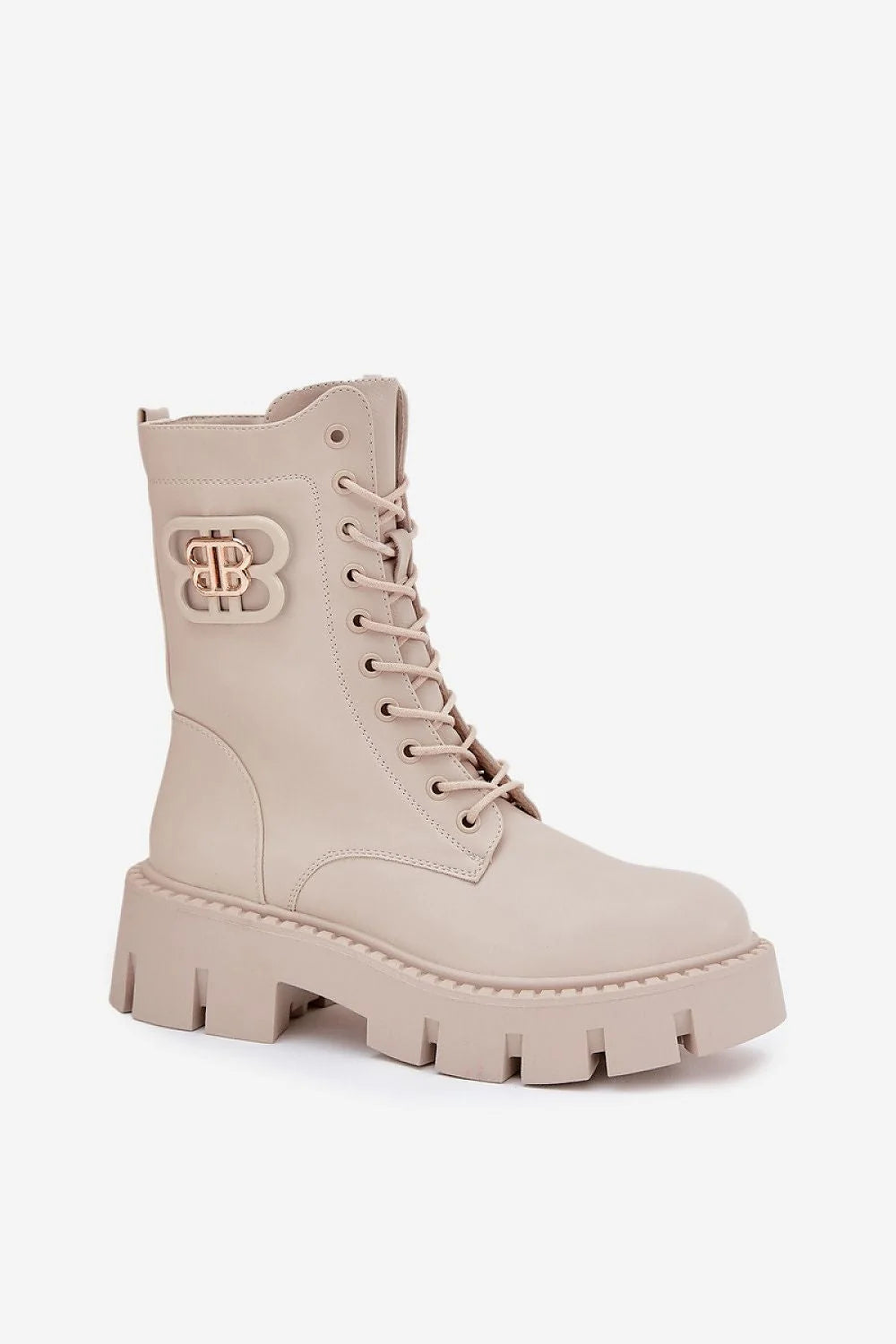 bottines montantes femme combat lacets beige crème similicuir lisse bout rond semelle plateau crantée talon épais boucle dorée
