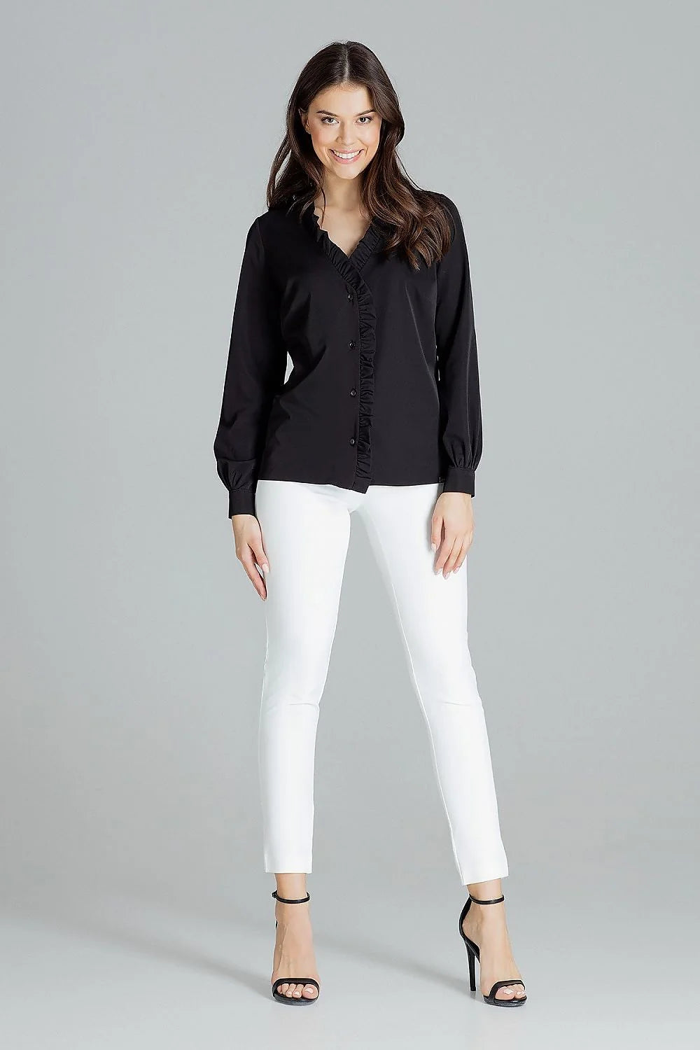 chemisier blanc manches longues col V volants boutonnage central popeline léger fluide coupe ajustée romantique polyvalent élégant féminin bureau casual