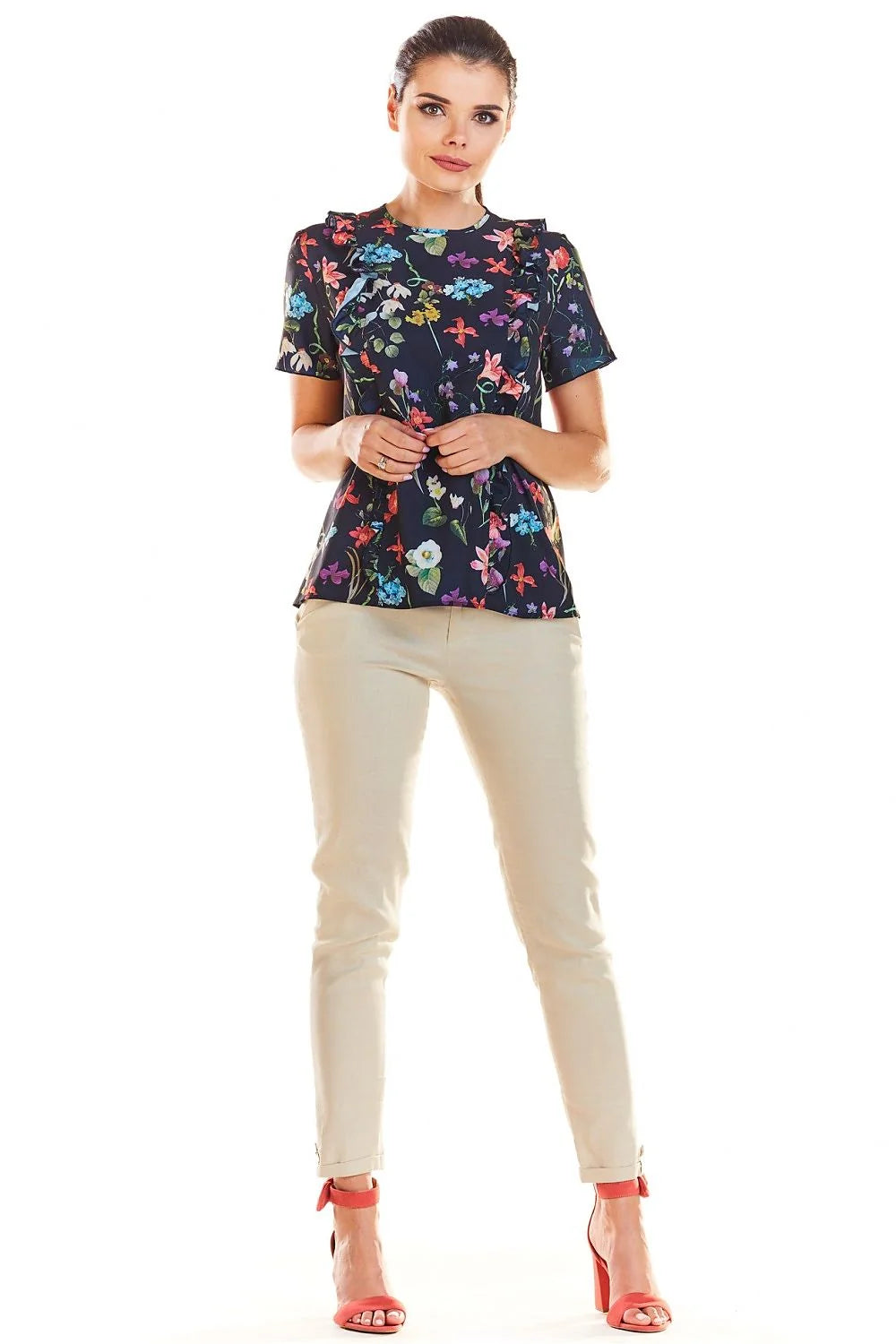 Blouse en polyester romantique avec motifs floraux multicolores, volants élégants pour toutes occasions féminines