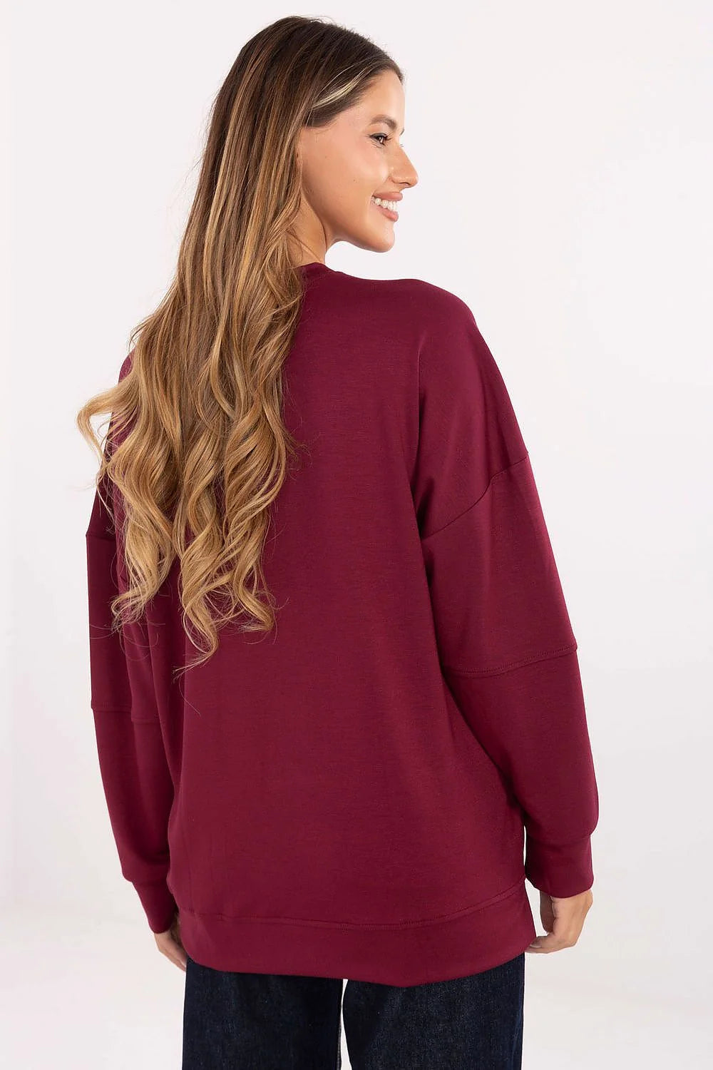 sweatshirt femme bordeaux maille douce viscose élasthanne oversize coupe droite col rond manches longues emmanchures tombantes poignets côtelés