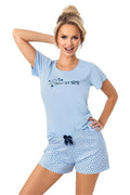 Pyjama femme court manches courtes style étoilé bleu clair elastique short t-shirt confortable nuit détente