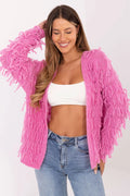 cardigan femme oversize ouvert devant maille tricotée rose fuchsia pelucheux shaggy franges bouclées manches longues épaules tombantes coupe droite hanches