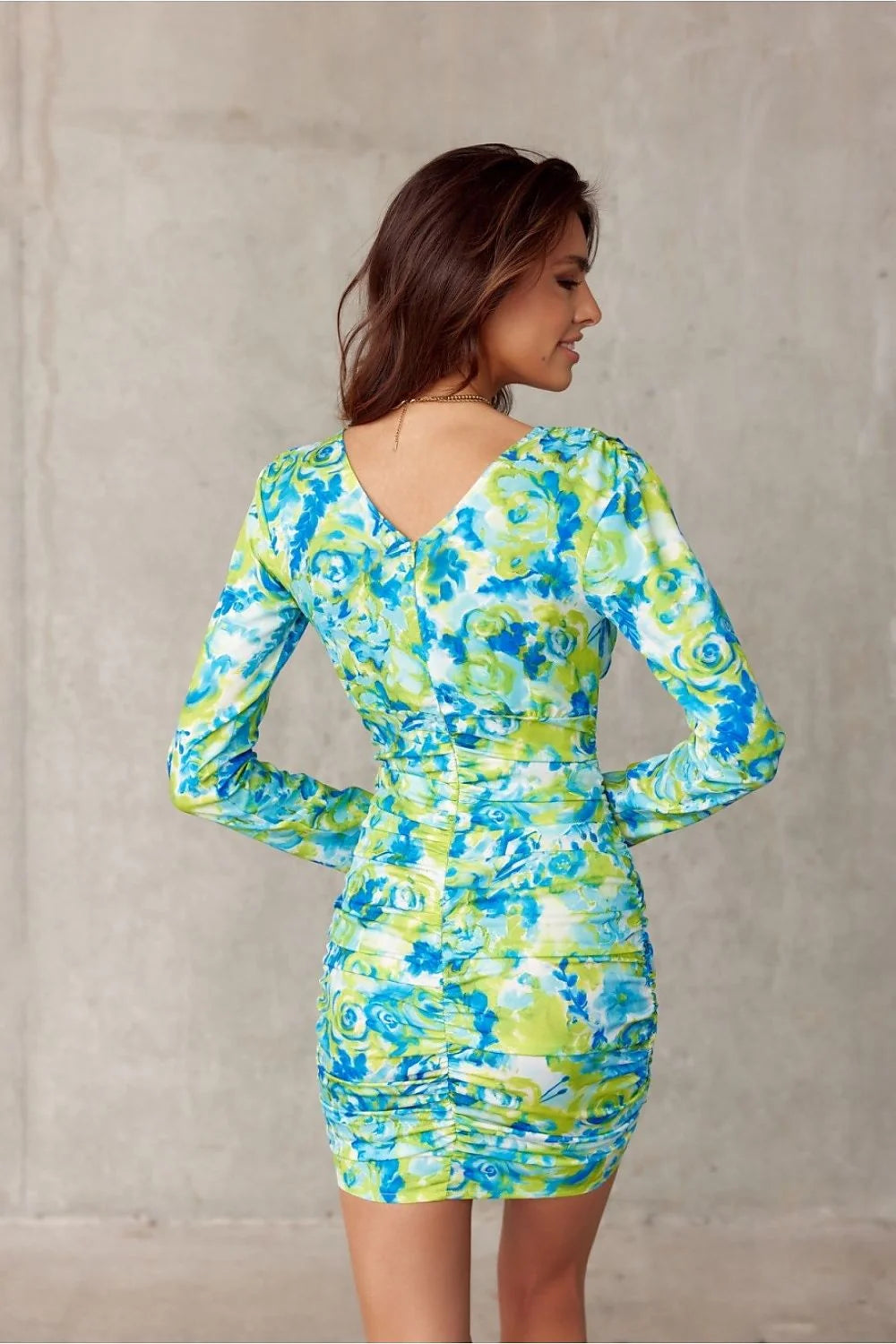 Robe de soirée Roco Fashion moderne colorée imprimé floral abstrait manches longues décolleté en V ajustée polyester occasion estivale soirée