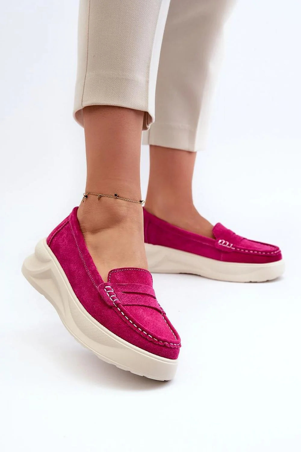 Mocassins pour femme en daim naturel style classique plateforme talon 6 cm couleur rose fuchsia