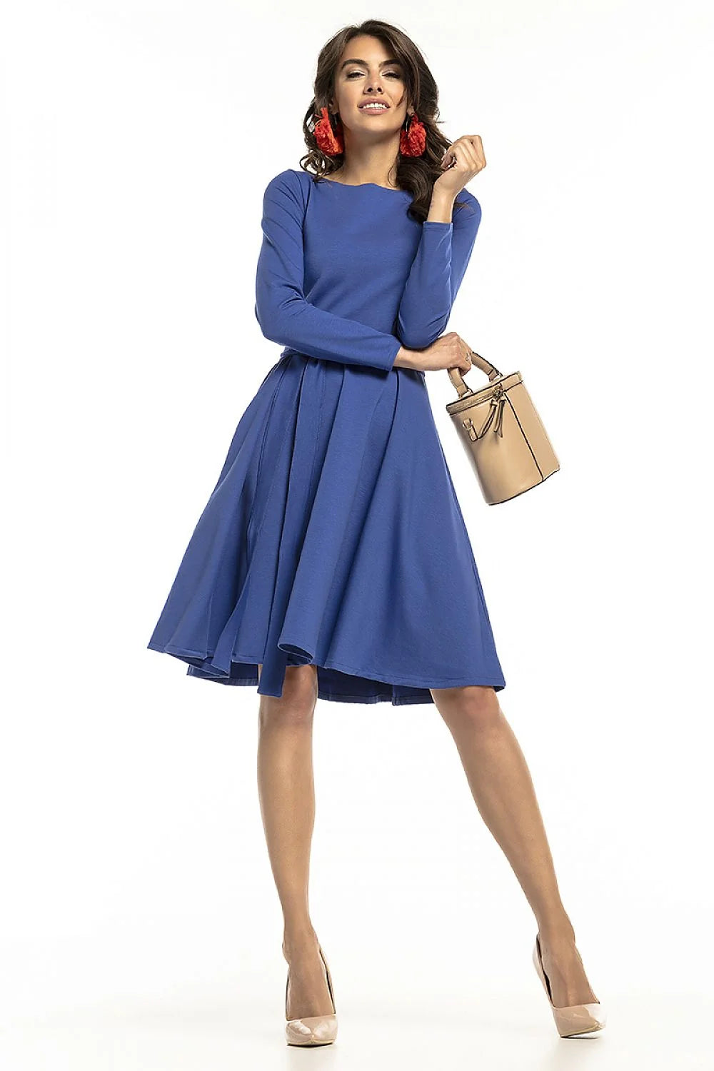 robe patineuse bleu roi femme manches longues encolure ronde taille cintrée jupe évasée plis volume tissu doux extensible coton élasthanne