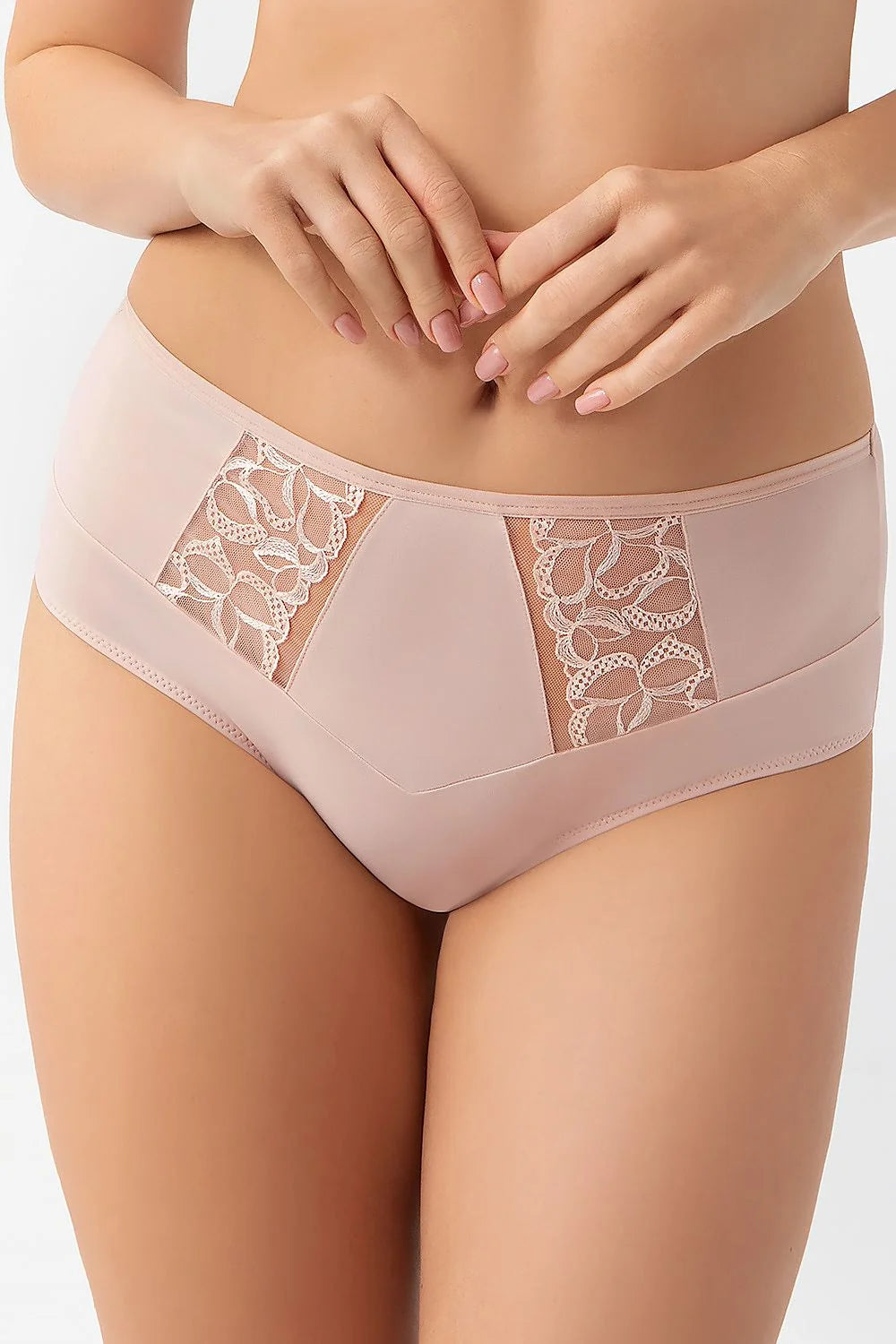 culotte femme taille mi haute couvrante microfibre lisse rose sculptante panneau maintien avant dentelle florale empiècements finitions plates gousset coton