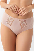 culotte femme taille mi haute couvrante microfibre lisse rose sculptante panneau maintien avant dentelle florale empiècements finitions plates gousset coton