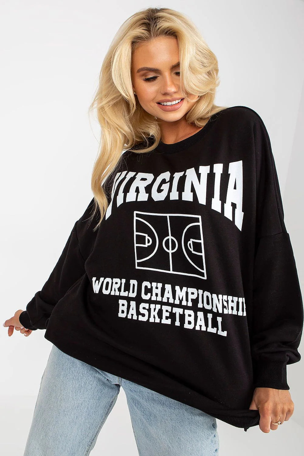 Sweatshirt oversize noir pour femme manches longues style sportif graphique basket court baskets urban streetwear