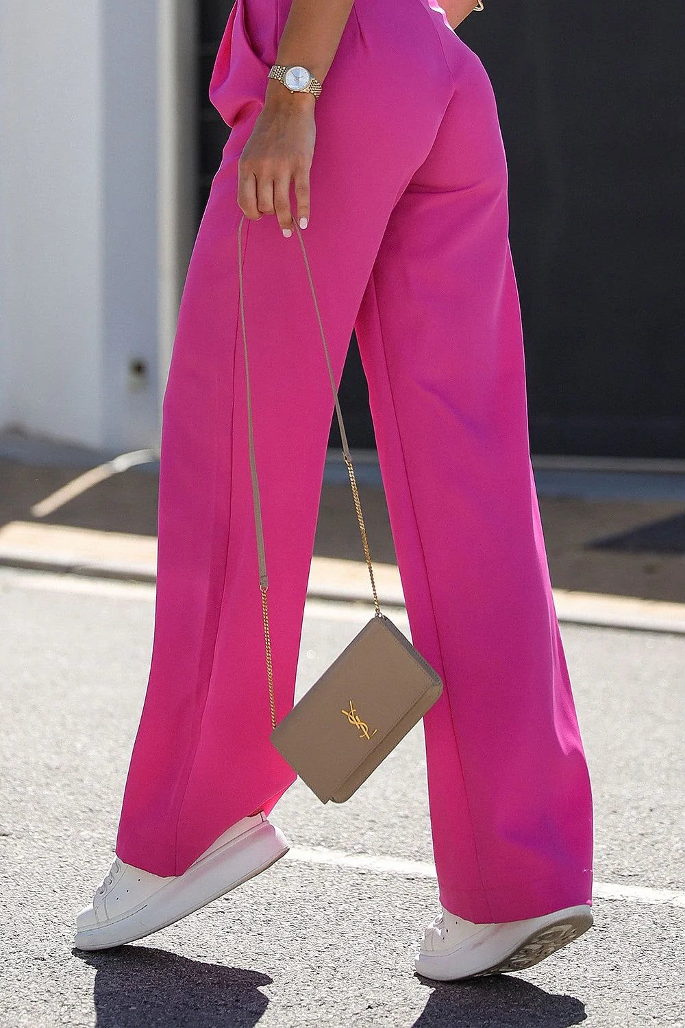 Pantalon femme style palazzo couleur rose vif taille haute coupe fluide confortable occasion多种多様 femme