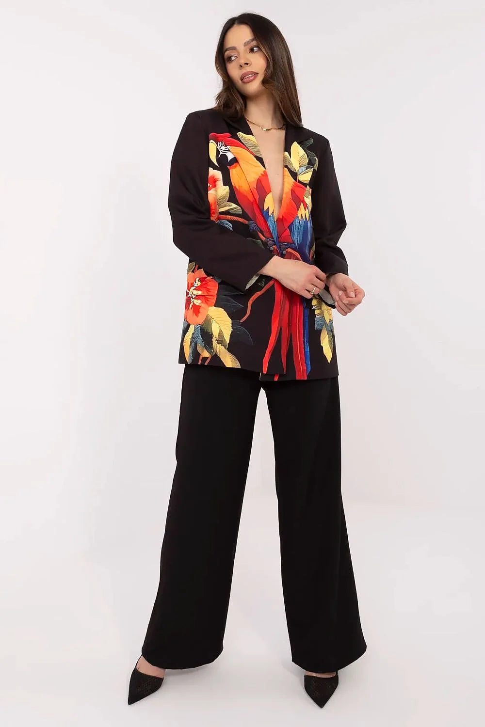 Veste Italia Moda femme blazer style audacieux imprimé perroquets feuilles tropicales couleurs vives polyester qualité élevé coupe structurée