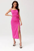 Robe de cocktail élégante longue sans manches dos nu rose fuchsia taille ajustée femme