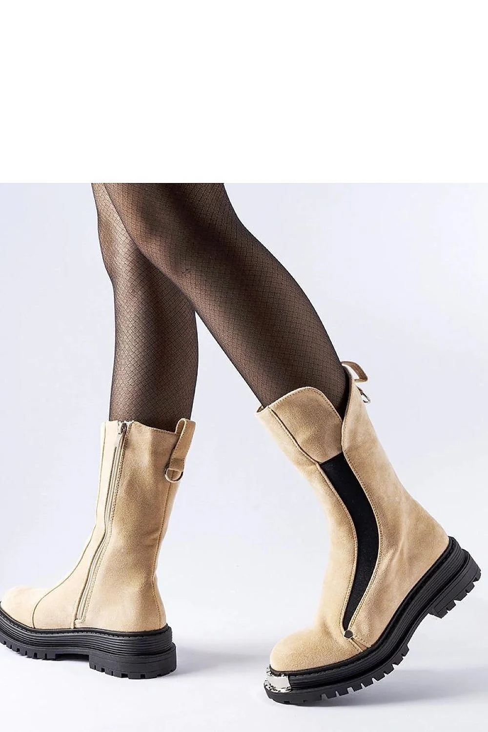 Bottes mi-hautes en daim beige à bout métallique, fermeture éclair, semelle crantée, style militaire et urbain pour femme