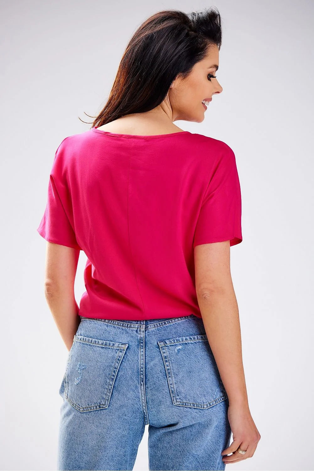 T-shirt femme moderne élégant couleur rose vif coupe ample manches courtes encolure ronde polyester viscose