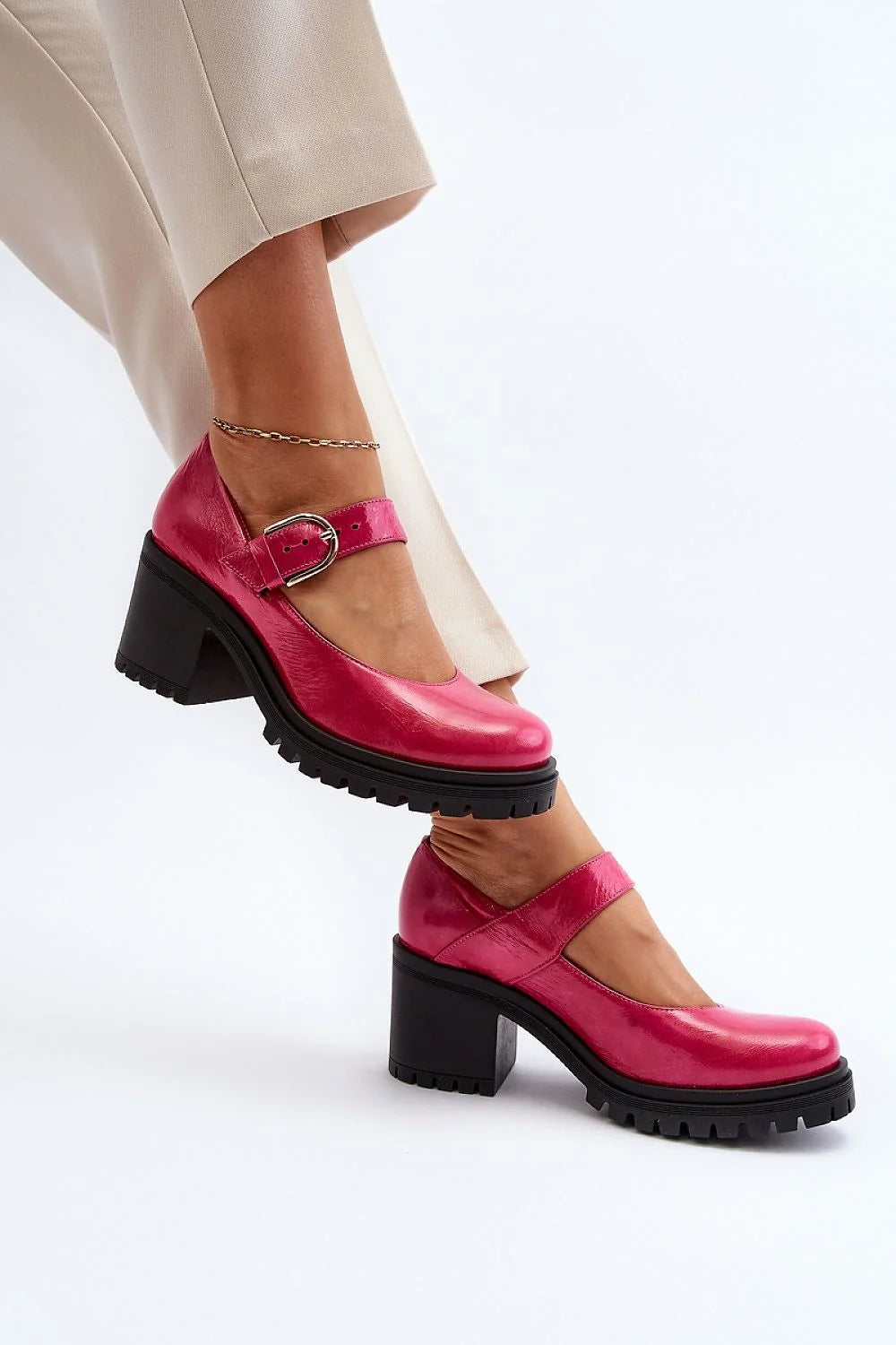 Escarpins élégants à talon block cuir verni rose vif Mary Jane bride métallique dorée femmes occasionnels