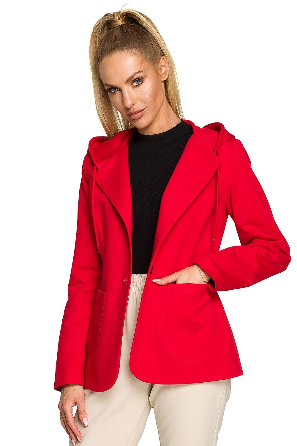 Veste blazer femme Moe en coton élasthanne tricotée hooded poches vert vif modern chic