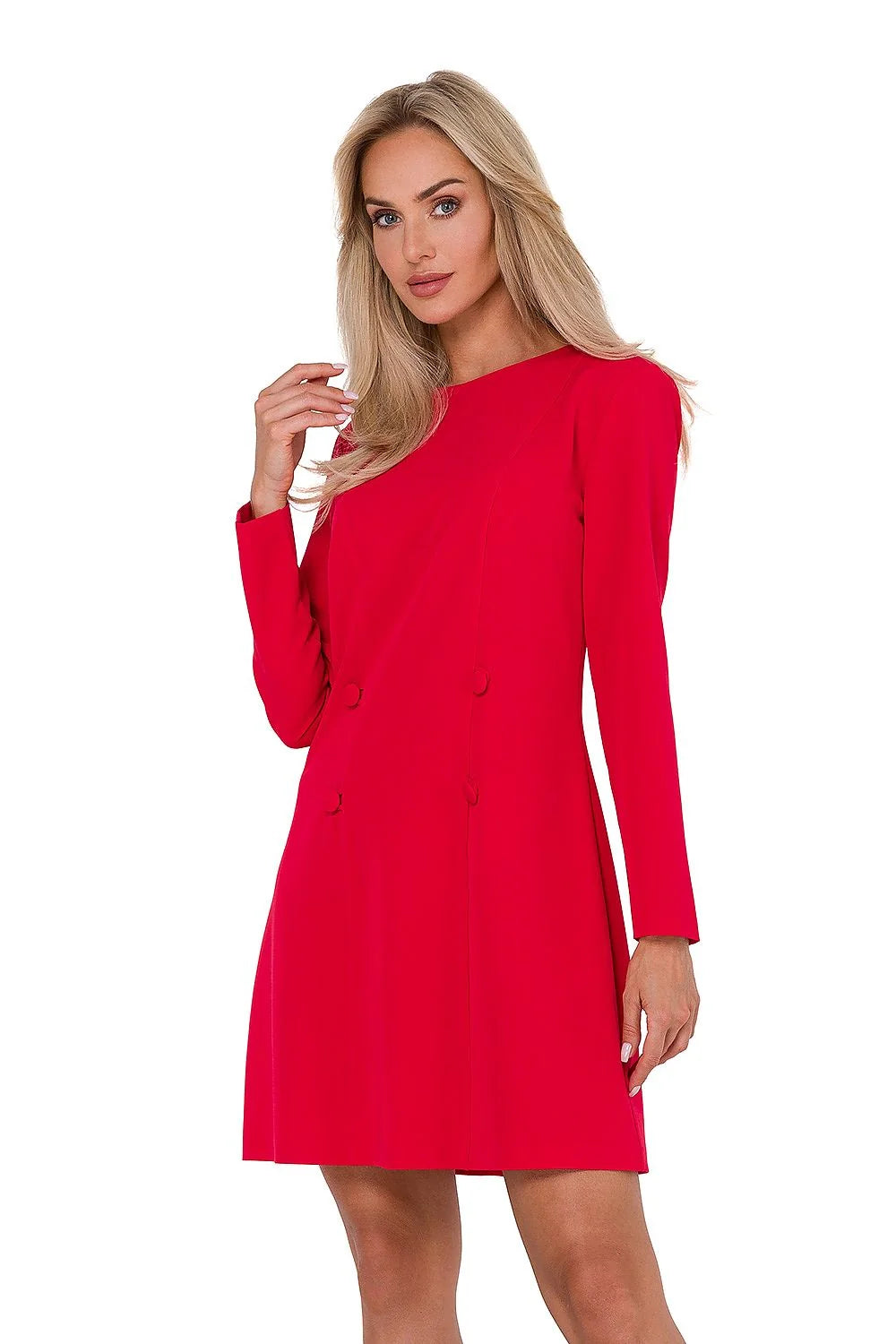 Robe de jour élégante pour femme coupe trapèze manches longues rouge vif sans doublure polyvalente