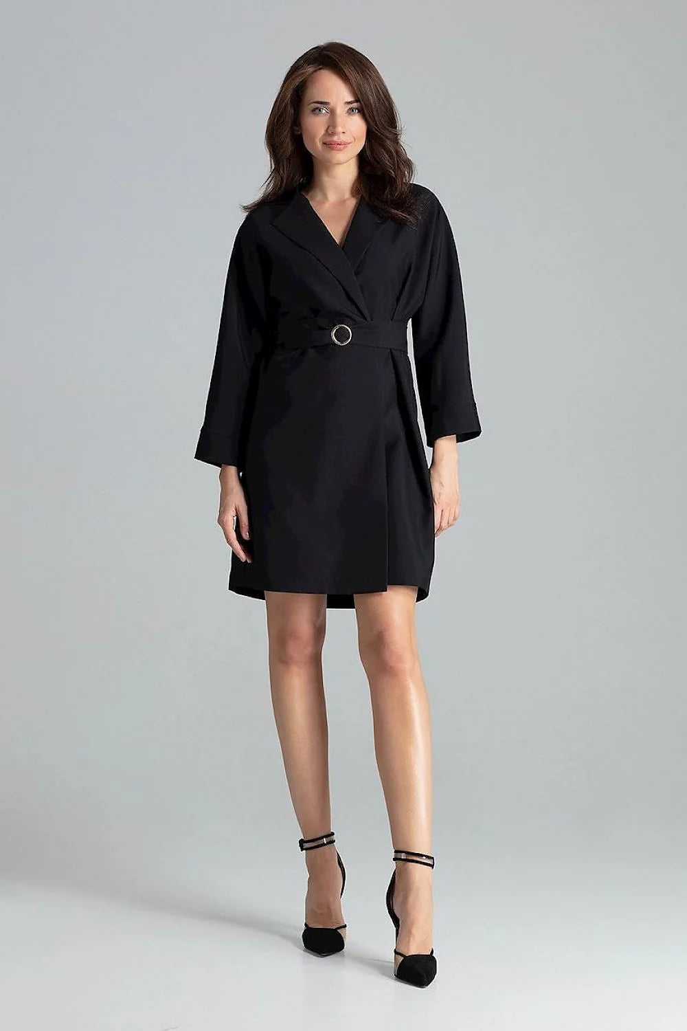 Robe élégante femme coton bleu profond col revers manches longues ceinture métallique moderne chic