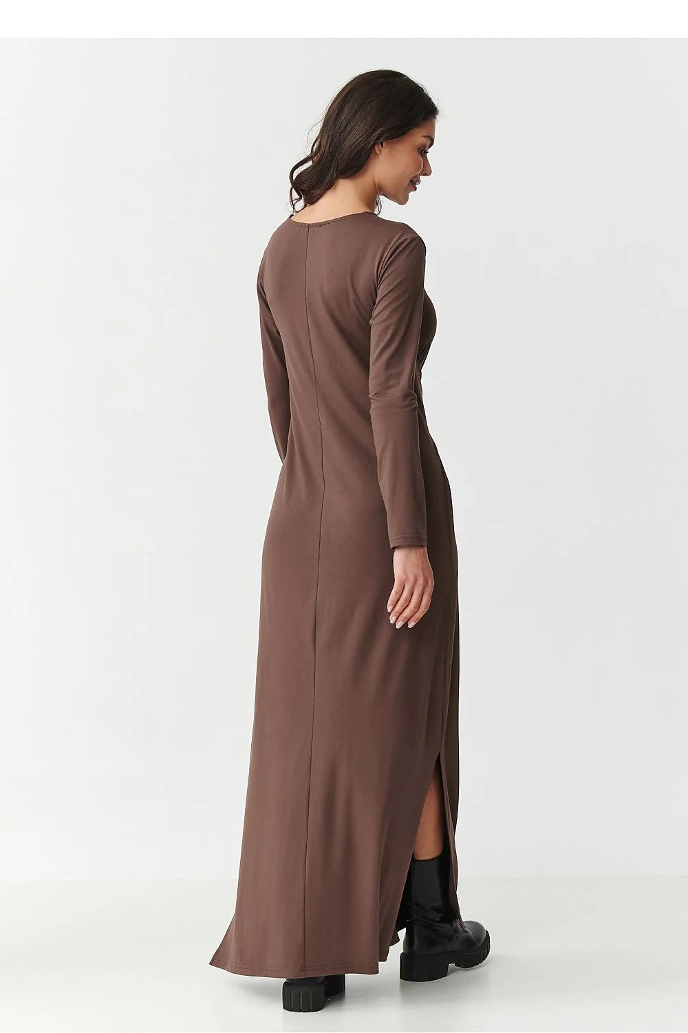 robe maxi viscose stretch manches longues ceinture nouée taille fentes latérales encolure ronde fluide décontractée élégante polyvalente marron bordeaux kaki