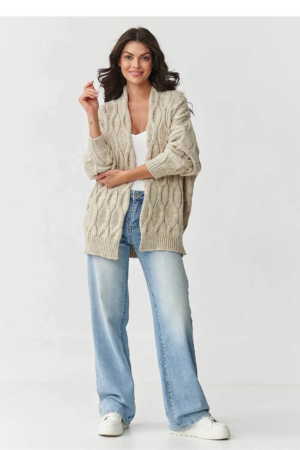 cardigan makadamia femme oversize grosse maille torsadée col châle ouvert manches longues épaule tombante moelleuse chaude confortable durable