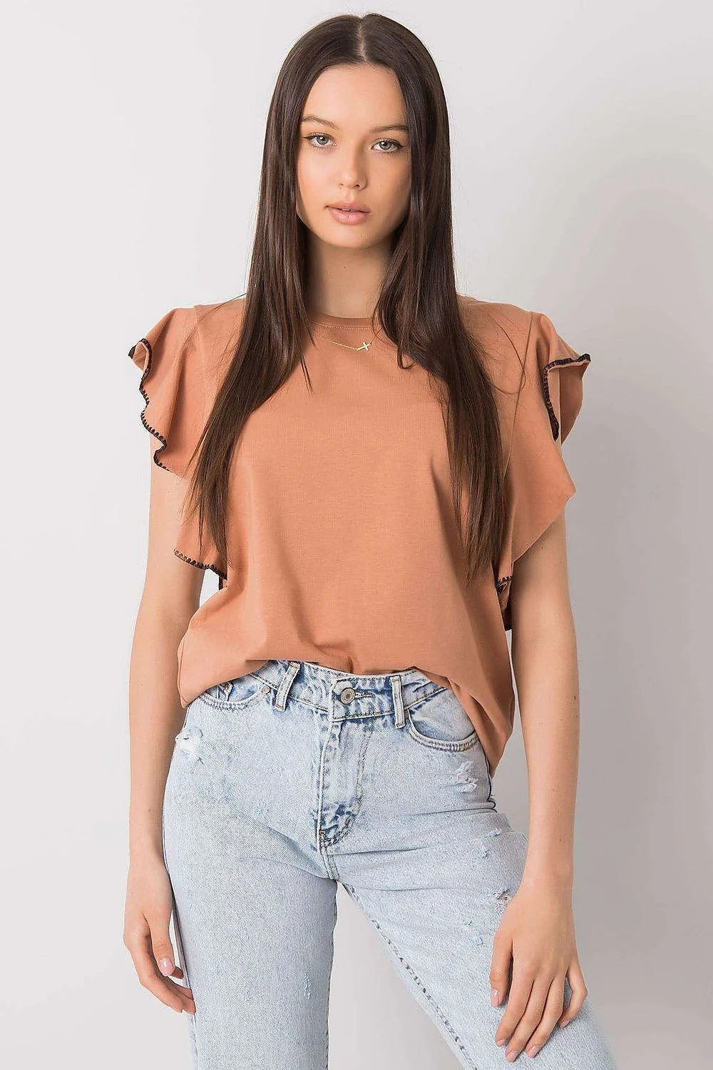 chemisier fancy élégant manches volants coton stretch confortable respirant coupe ample fluide col rond finition noire contrastée polyvalent féminin