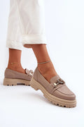 Mocassins élégants pour femmes en cuir naturel taupe avec boucle dorée, semelle épaisse et plateforme confortable