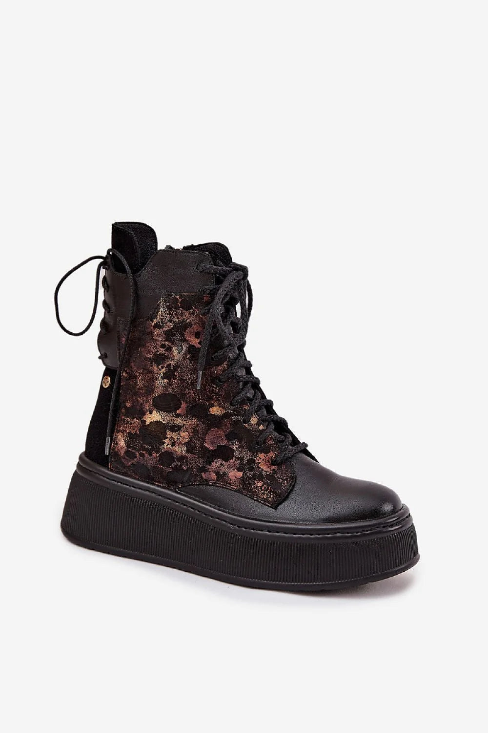 bottines femme plateformeépaisse cuir naturel velours floral métallisé noir zippée latérale lacets arrière décoratifs œillets renforcés bout rond confortables