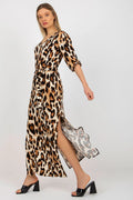 robe longue imprimé léopard femme manches longues encolure V ceinture ajustable fluide satinée fente latérale taille cintrée audacieuse élégante moderne