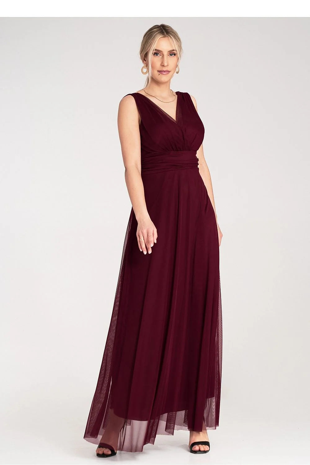 Robe de cocktail élégante longue sans manches dos nu tissu mousseline couleur bordeaux taille ajustable femme
