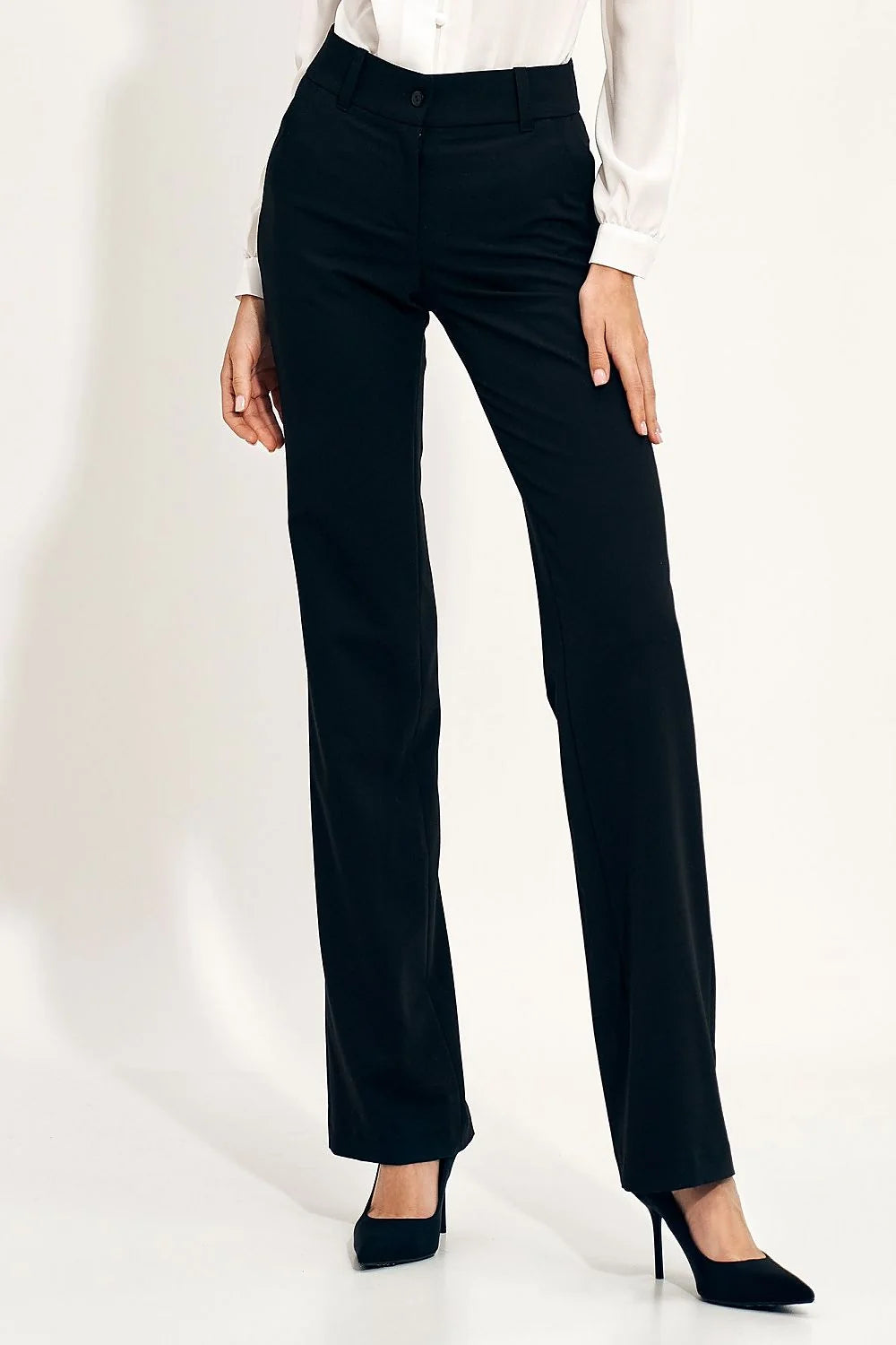 Pantalon long Nife noir femme style classique professionnel taille haute ceinture panneau cousu jambes évasées coupe ajustée polyester viscose élasthanne