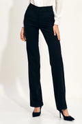 Pantalon long Nife noir femme style classique professionnel taille haute ceinture panneau cousu jambes évasées coupe ajustée polyester viscose élasthanne