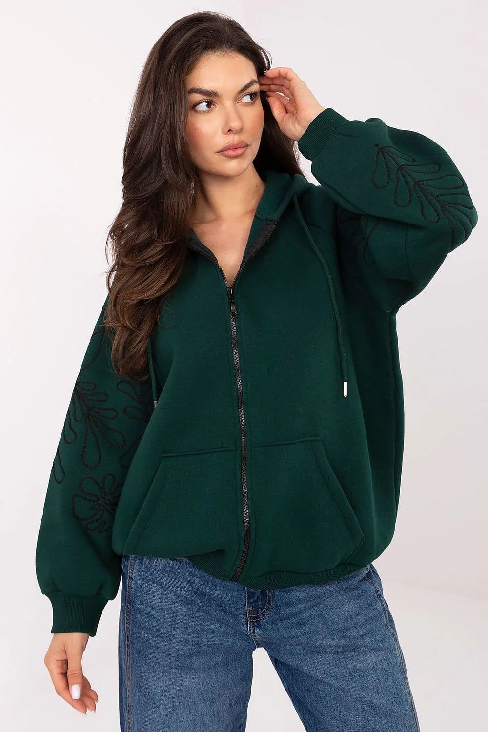 sweat zippé capuche femme oversize molleton épais vert sapin manches bouffantes broderie fleurs noir poches kangourou coton élasthanne confortable côtelés
