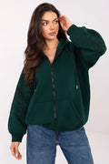 sweat zippé capuche femme oversize molleton épais vert sapin manches bouffantes broderie fleurs noir poches kangourou coton élasthanne confortable côtelés