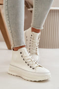 baskets montantes femme blanc cassé cuir synthétique plateforme épaisse semelle crantée antidérapante col rembourré maintien confort lacets oeillets métalliques contrastés