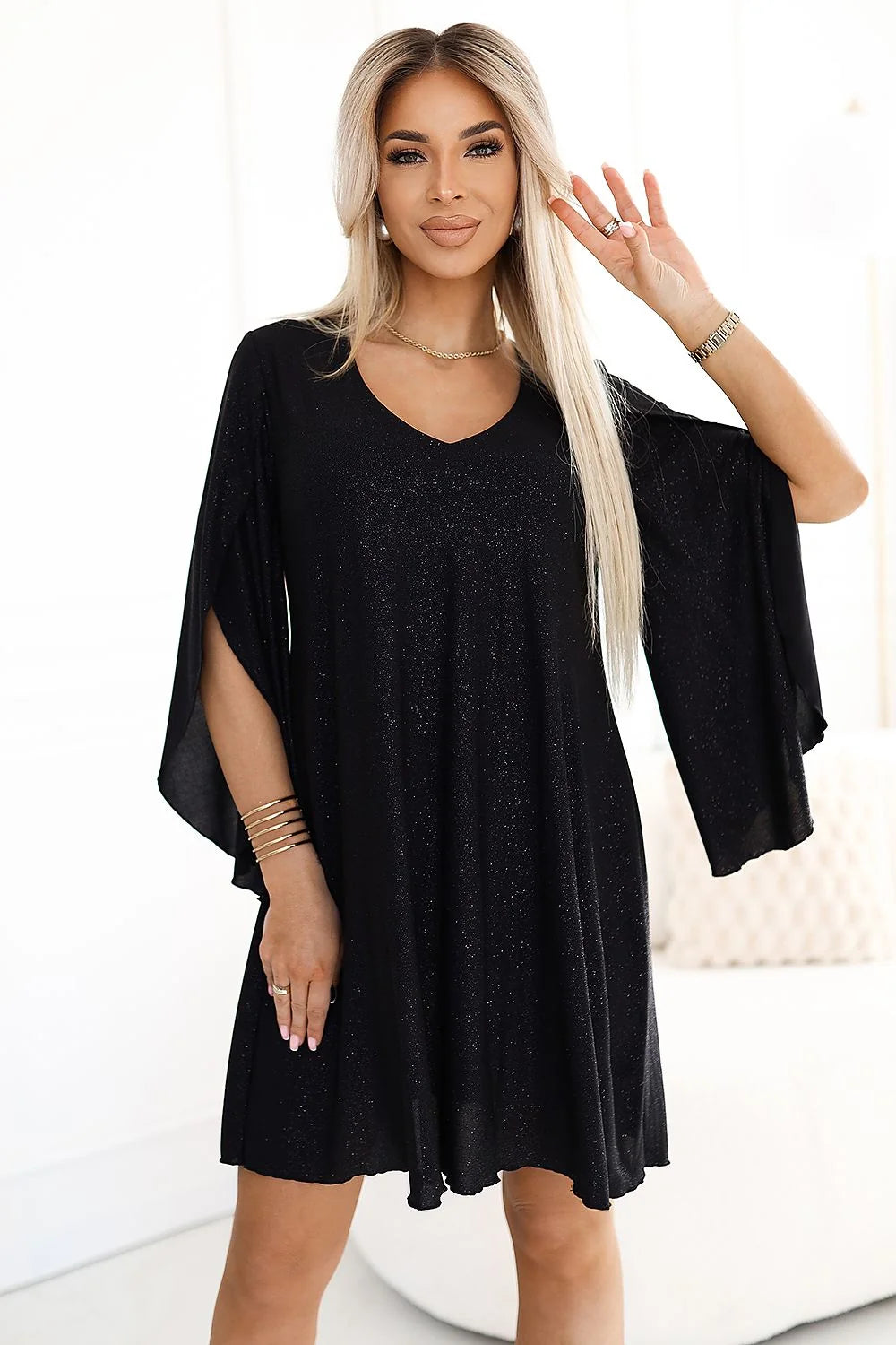 Robe de soirée élégante pour femme manches amples col V noir paillettes tissu élastique longueur genou