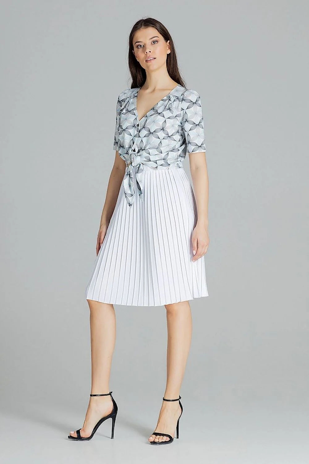 robe femme coton élégante motifs géométriques bleu pastel manches bouffantes décolleté noeud taille jupe plissée midi fluide soyeuse