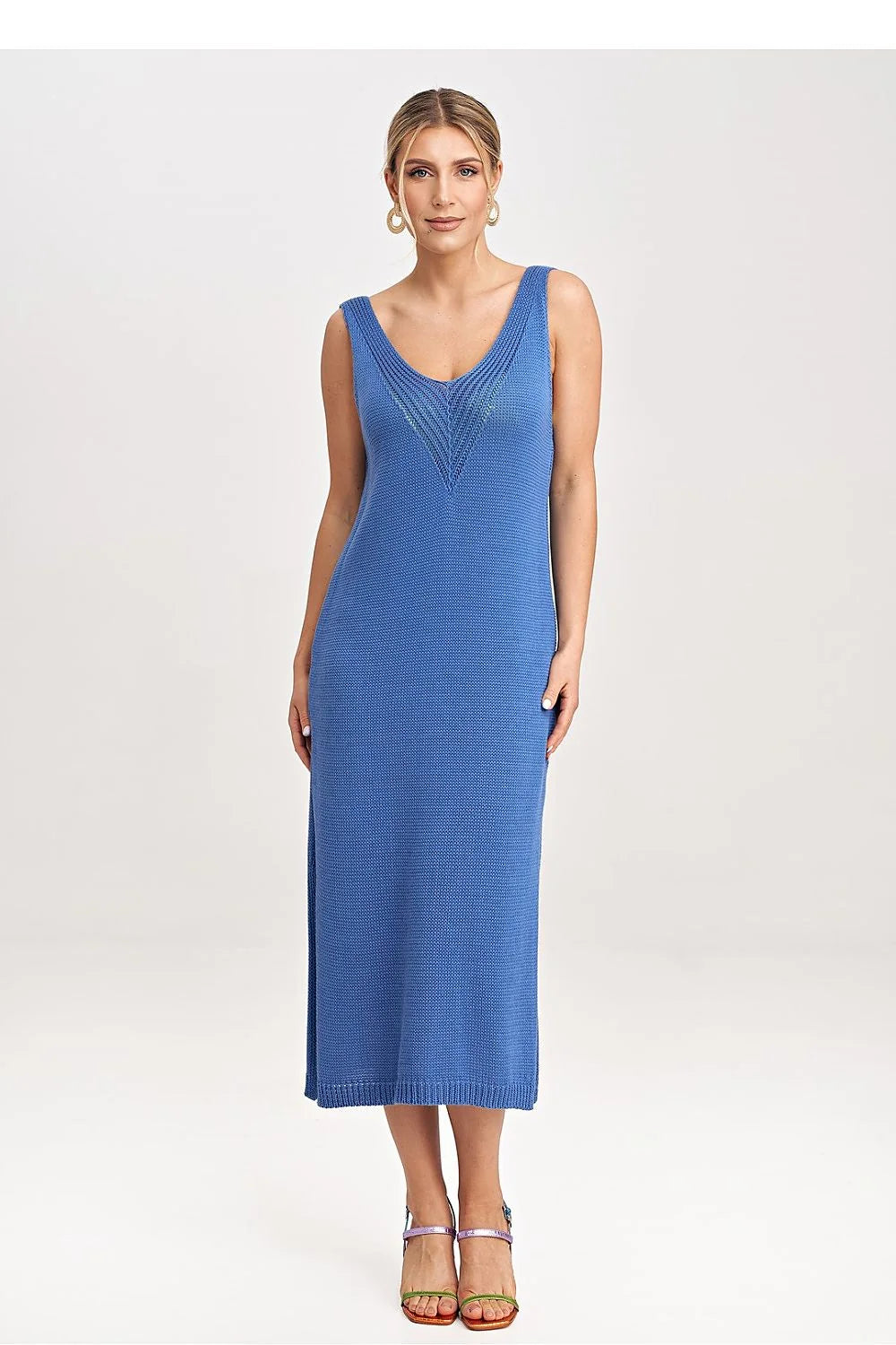 Robe longue maille coupe ajustée encolure V manches longues nœud décoratif bleu vif maille tricotée coton polyvalence style moderne femme