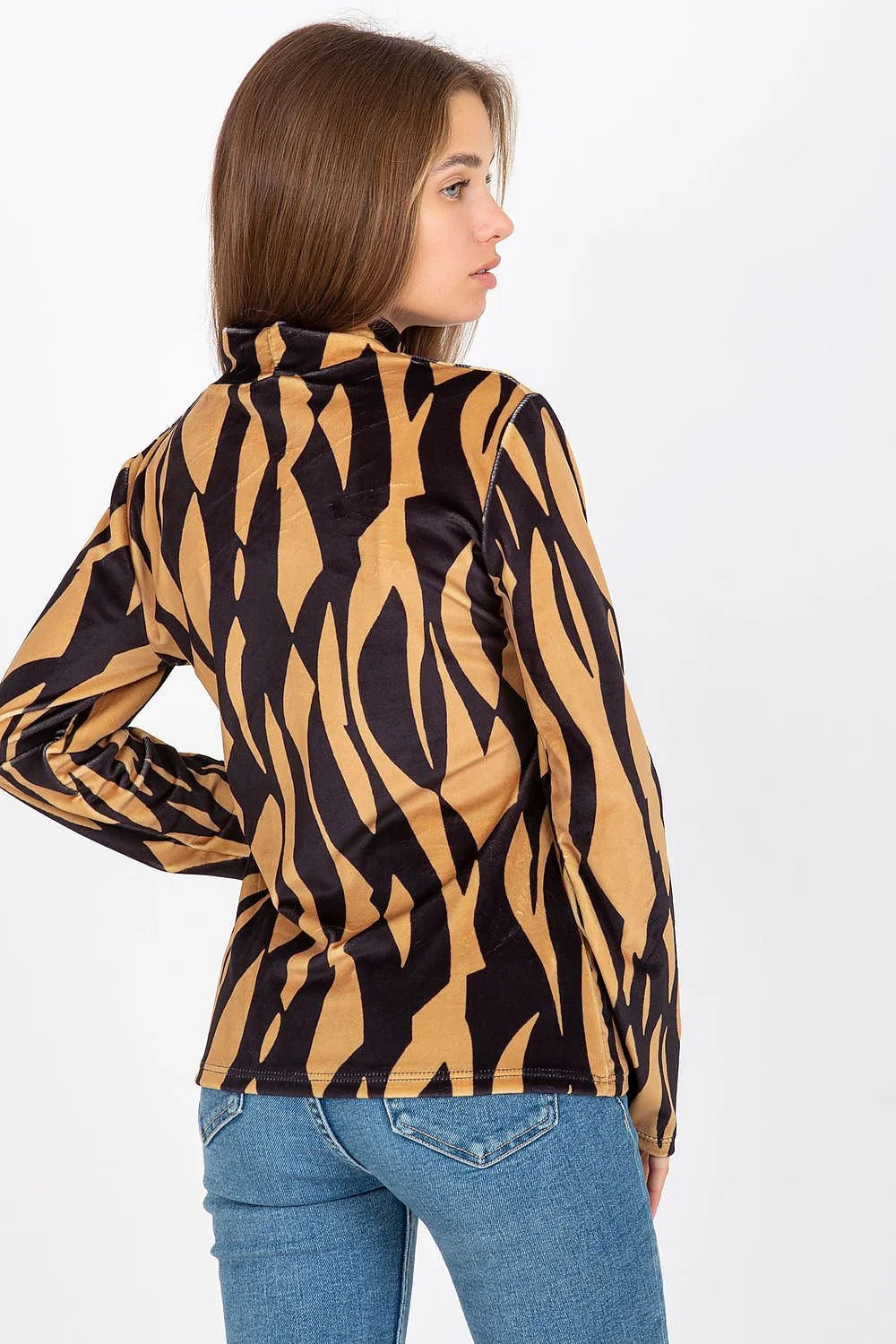 chemisier Rue Paris velours zébré noir beige manches longues col montant coupe ajusté stretch doux confortable