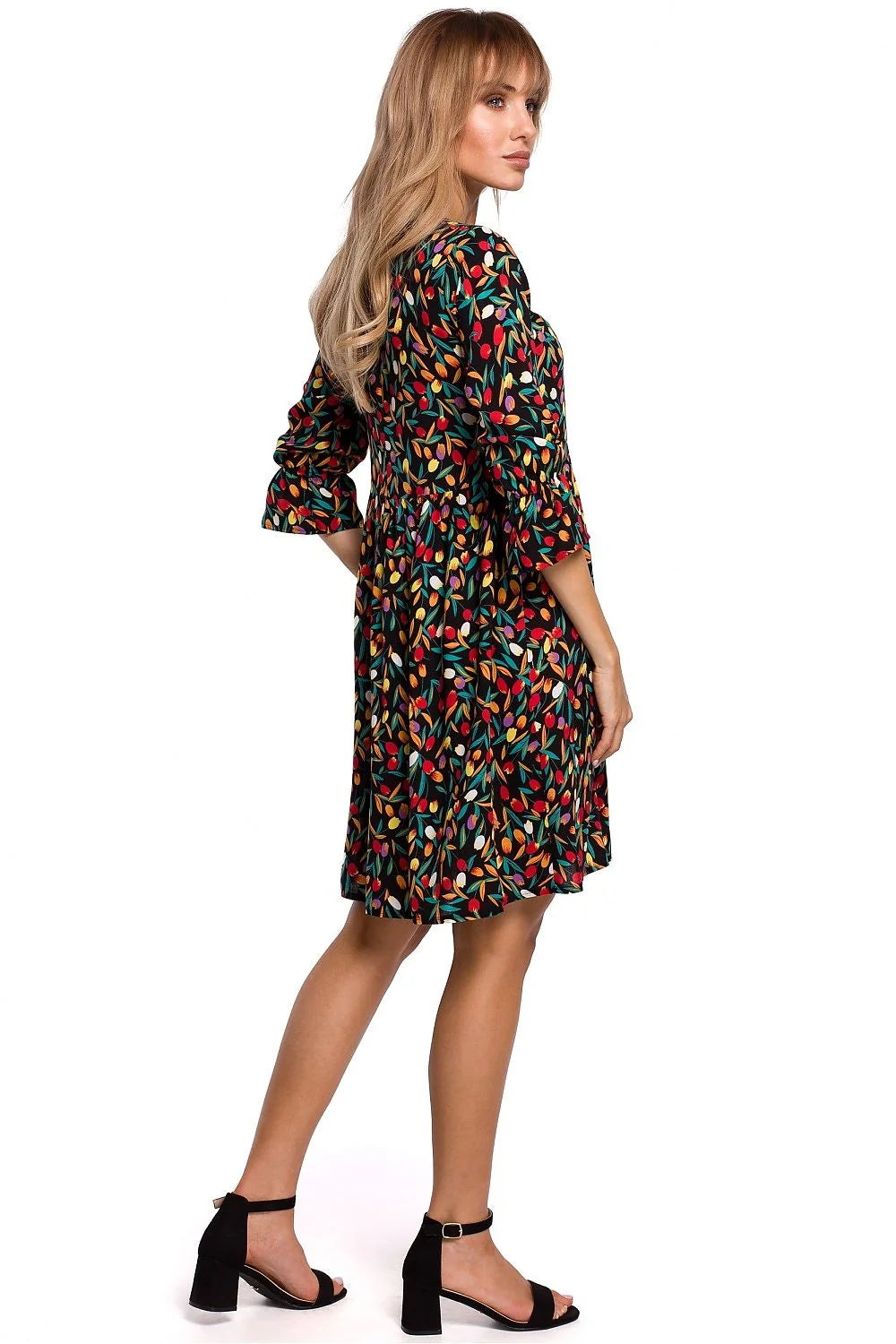 robe évasée viscose fluide imprimé floral noir délicat blanc rose vert manches troisquarts fronces col rond taille empire courte légère