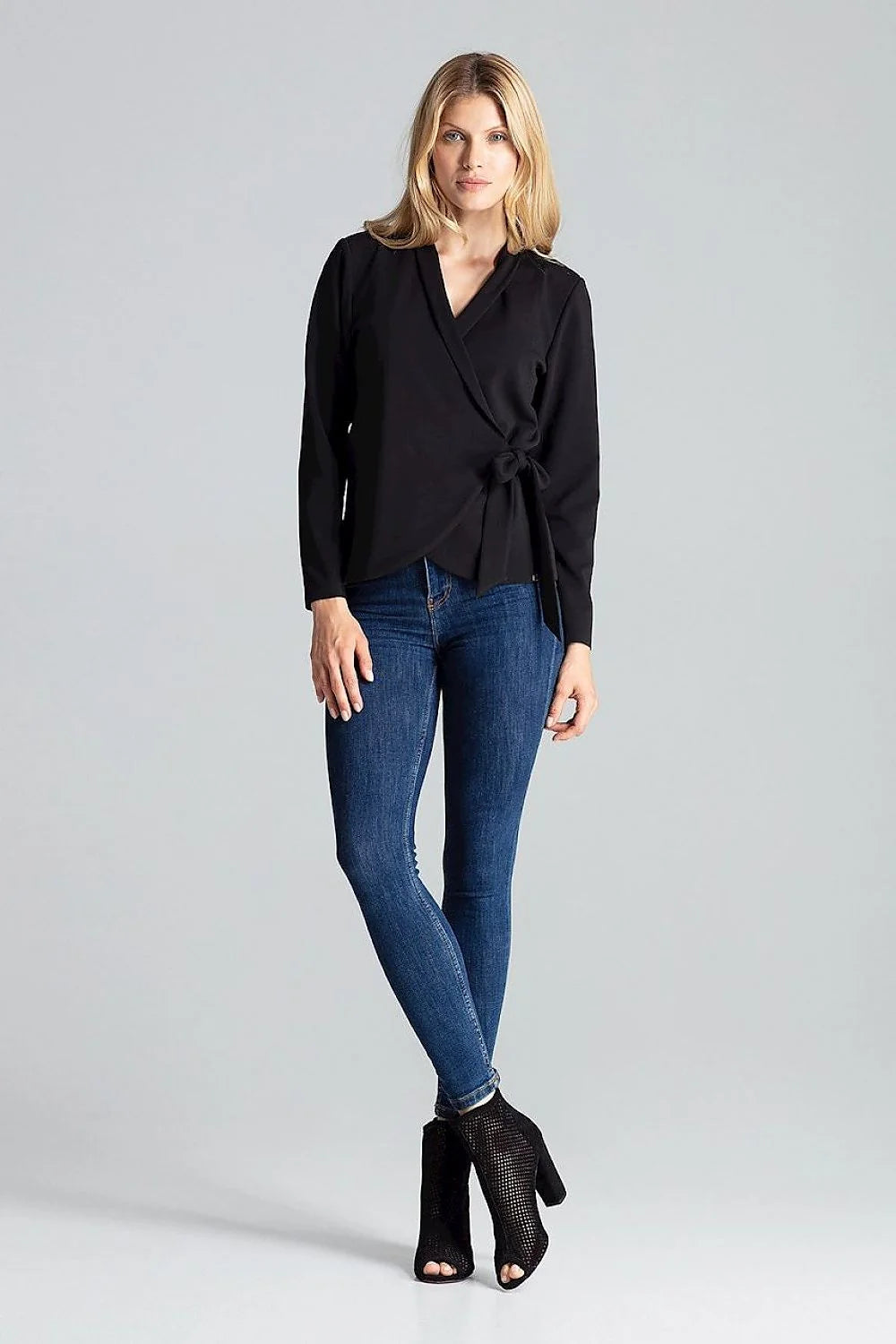 blouse chemisier figl noire cachecoeur mancheslongues encolureV ceinturenouée ajustée fluide stretch douce féminine bureau casual élégante sophistiquée polyvalente