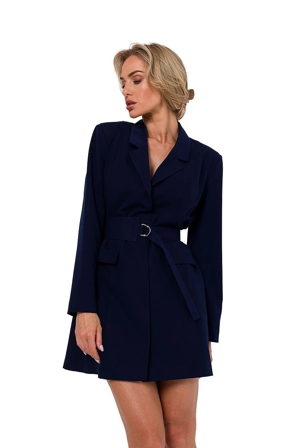 Robe-blazer élégante pour femme en polyester et viscose, couleur bleu marine, taille ajustable, manches longues, ceinture incluse
