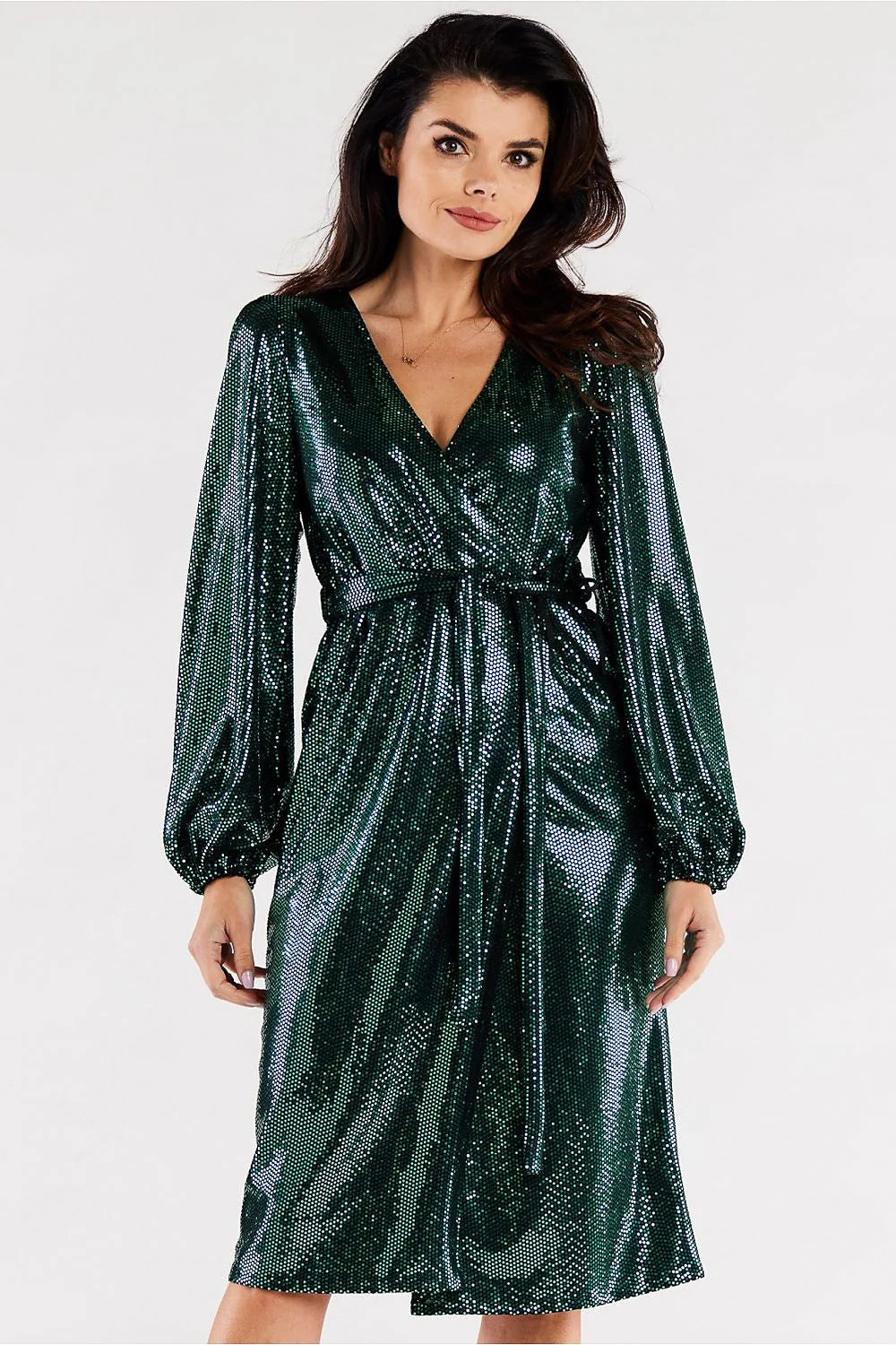 Robe de soirée élégante longue manches longues en tissu métallique argenté avec décolleté en V et ceinture ajustable pour femme