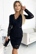 robe soirée dentelle noire manches longues colV ajustée mi longueur festonnée bodycon doublure opaque florale élégante sophistiquée