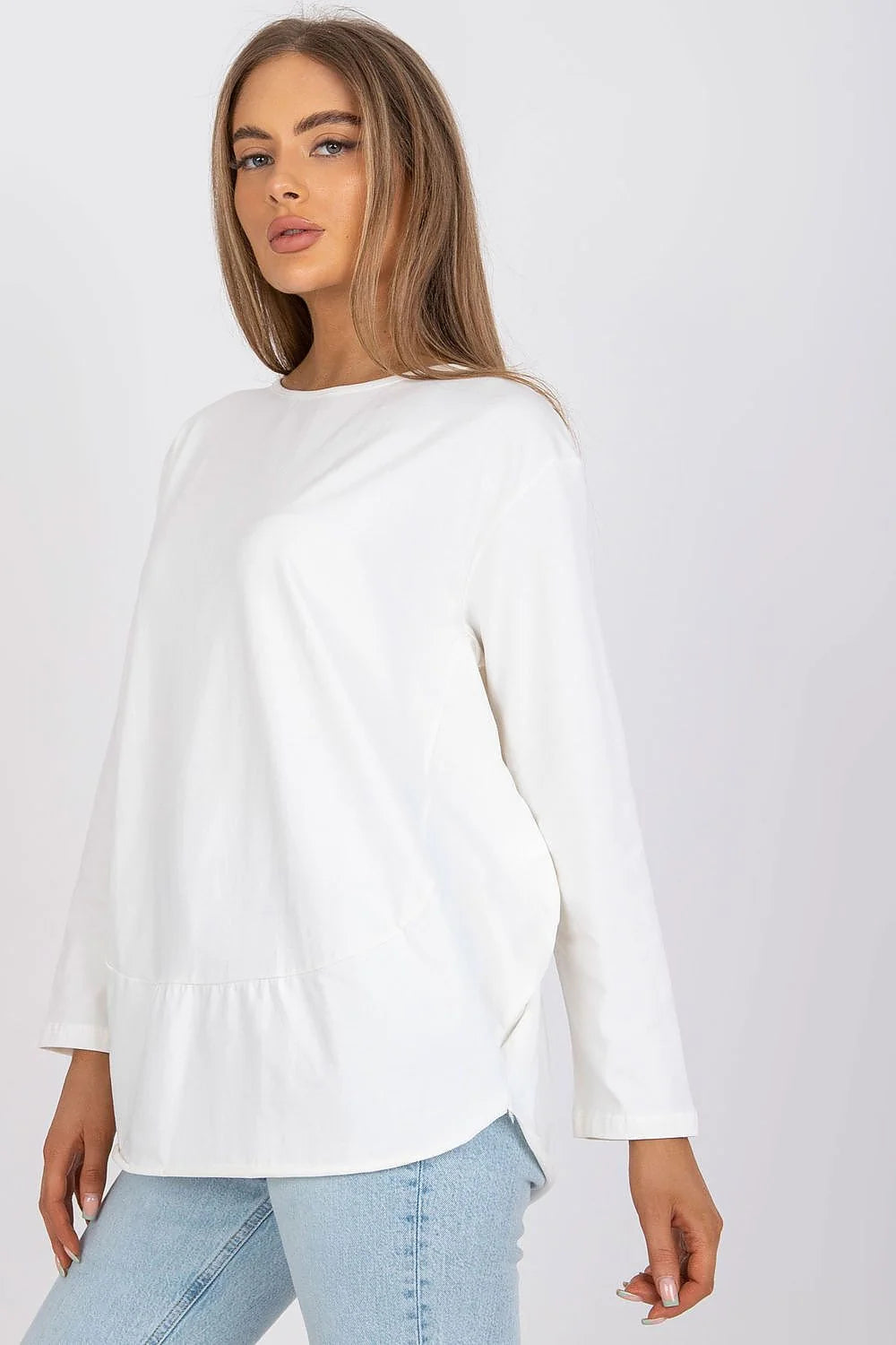 Chemisier pour femme en coton élasthanne blanc ample manches longues encolure ronde occasion polyvalente