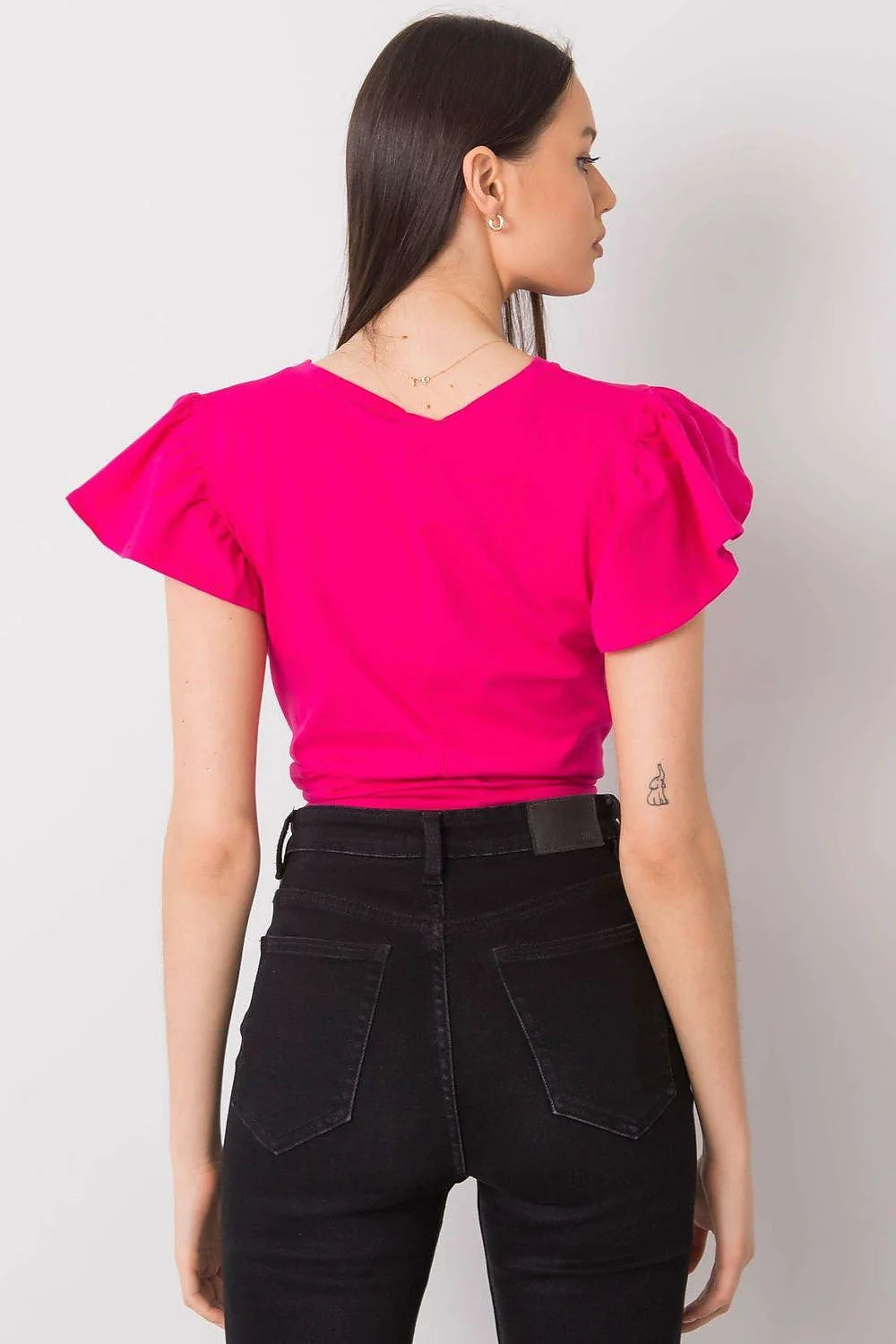 chemisier femme crop noué devant fuchsia manches courtes volants encolure ronde coton lycra stretch cintré taille haute léger respirant