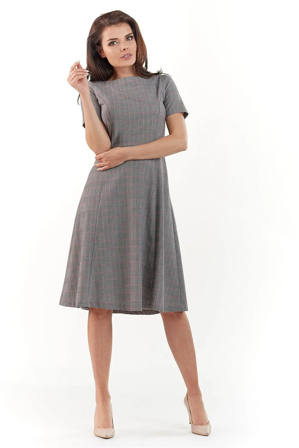 Robe élégante en tissu prince de Galles classique évasée manches courtes pour femmes style chic